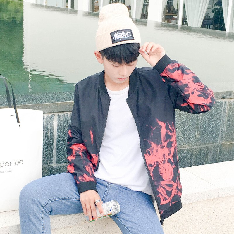 步来褶惠2017秋冬火焰男士夹克青少年白红色火焰棒球服韩版外衣夏