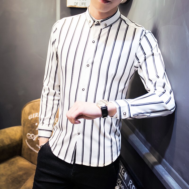 步来褶惠2017春秋款修身条纹长袖衬衫男士休闲衬衣潮男夏