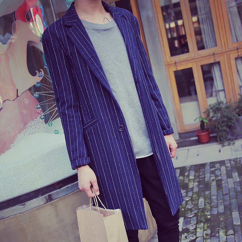 步来褶惠2017秋装韩版条纹潮男装修身外套中长款休闲羊毛呢西装男 藏青色 M夏