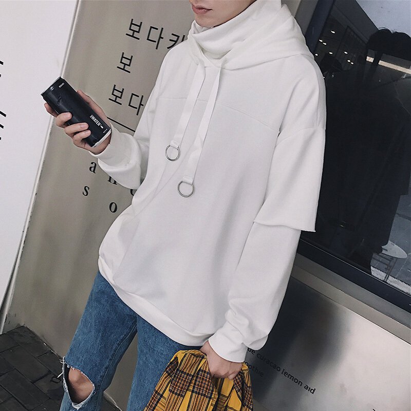 步来褶惠秋季新品潮流纯色假两件外套宽松版连帽卫衣外套夏