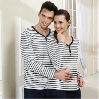 竹千华 欧美款男士长袖情侣睡衣套装 秋冬款男女圆领条纹家居服 中青年莫代尔棉精品