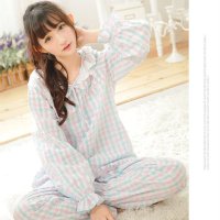 竹千华 睡衣女 2016春秋新款纯棉长袖日韩甜美格子条纹宽松家居服套装