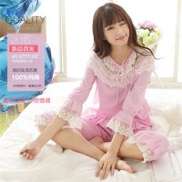 竹千华 女式睡衣 韩版纯棉女士睡衣 夏季薄款套装长袖蕾丝拼接家居服套装
