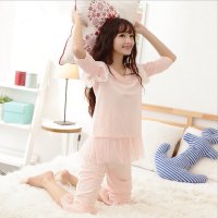 竹千华 夏季女士睡衣薄款棉质七分袖圆领家居服套装甜美睡衣蕾丝花边睡衣