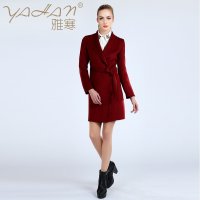 雅寒YAHAN2015秋冬新款高端羊绒呢外套欧美版修身显瘦中长款双面羊绒呢女士毛呢大衣YH8014389全场包邮