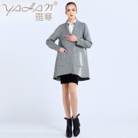 雅寒YAHAN2015秋冬新款高端纯手工缝制羊绒呢外套欧美宽松常规款双面羊绒女士毛呢大衣YH8014689全场包邮