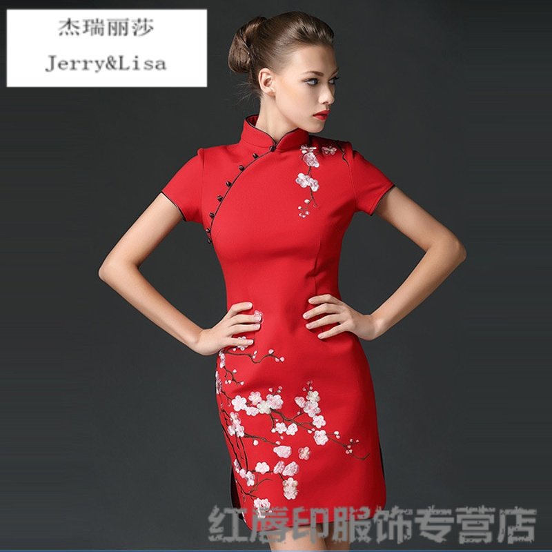 杰瑞丽莎2015秋冬新款改良复古显瘦红色开衩旗袍裙结婚旗袍LF201509062