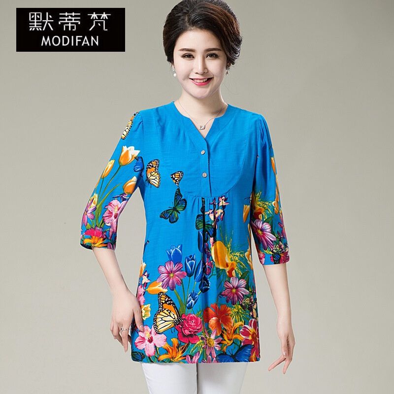 默蒂梵2017夏季新款中老年大码妈妈装棉麻印花民族风短袖T恤上衣女