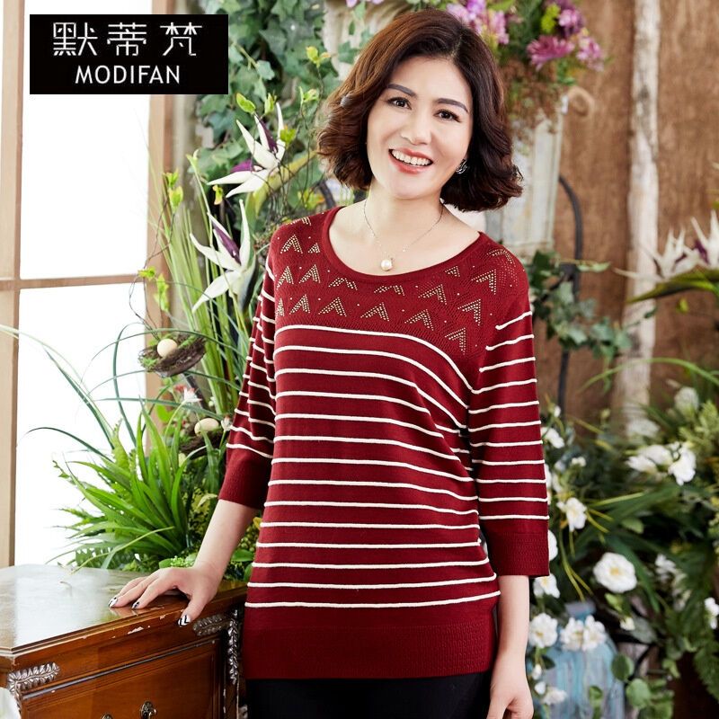 默蒂梵中老年女装春装针织衫新品中年时尚条纹打底衫妈妈装大码毛衣女酒红色均码