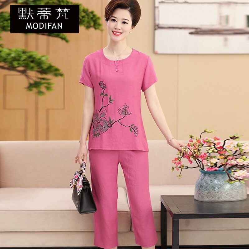 默蒂梵中老年女装夏装套装短袖T恤妈妈装宽松两件套奶奶装夏季棉麻套装