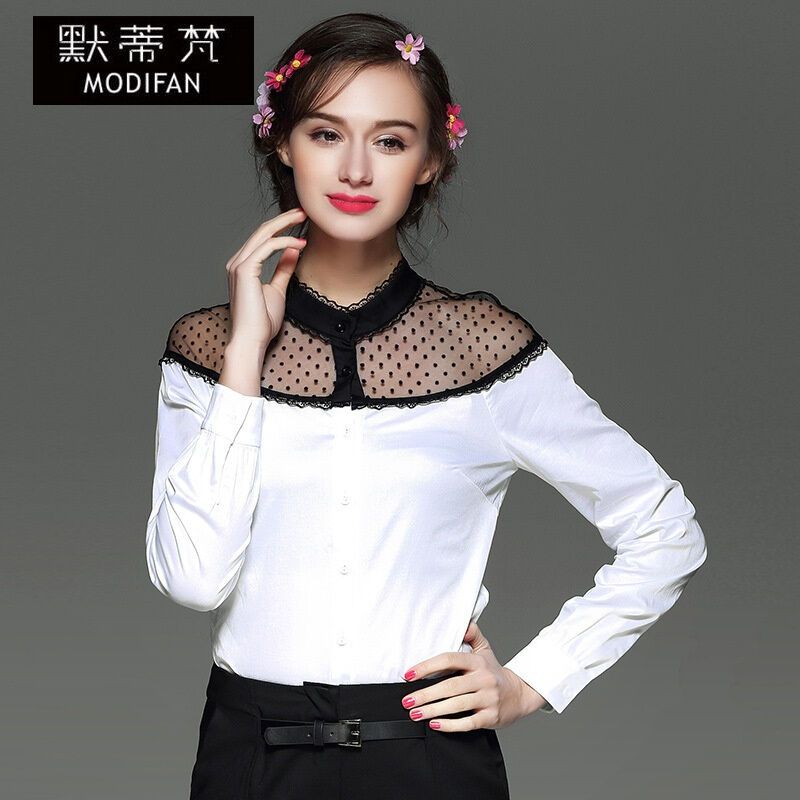 默蒂梵女装2017夏季时尚新品蕾丝拼接修身女式长袖衬衫白色