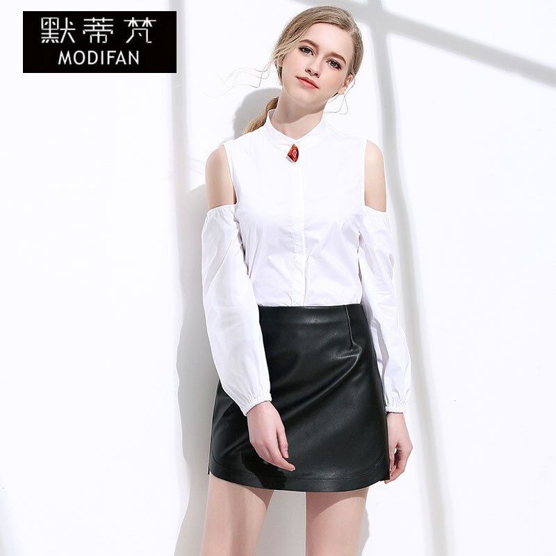 默蒂梵2017春夏欧美新品白色立领露肩泡泡袖衬衫休闲修身露肩衬衫女白色