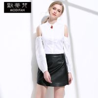 默蒂梵2017春夏欧美新品白色立领露肩泡泡袖衬衫休闲修身露肩衬衫女白色