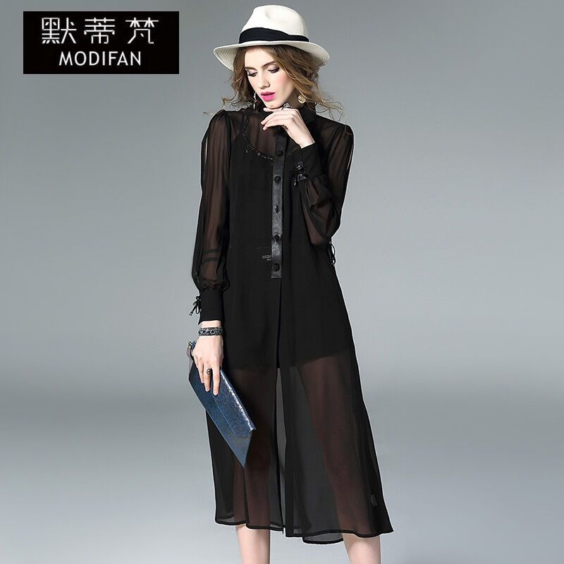 默蒂梵2017中长款宽松桑蚕丝拼接拼皮长袖开衫衬衣连衣裙黑色