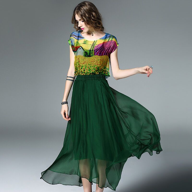 默蒂梵2017春夏新款印花桑蚕丝短袖上衣+大摆半身长裙女套装