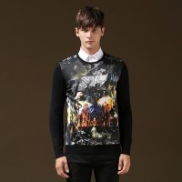 卡尔羊(kaeryang)气质撞色针织衫潮流百搭男士圆领印花拼接毛衣修身印花休闲长袖毛衣韩版打底衫毛衣男7270
