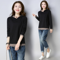 2018春夏女装新款条纹拼接短上衣小衫休闲打底衫连帽套头卫衣