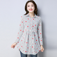 2018秋冬女装新款中长款裙摆小衫A字衬衣条纹印花春秋长袖上衣大码衬衫女士