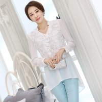 2018秋冬女装新款修身长袖圆领打底衫裙摆收腰大码春秋女士雪纺蕾丝衫