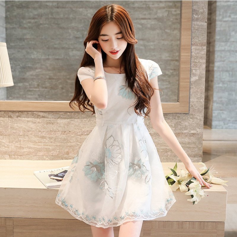 舞天纱2016春夏女装新款欧根纱a字连衣裙韩版显瘦圆领甜美淑女公主裙