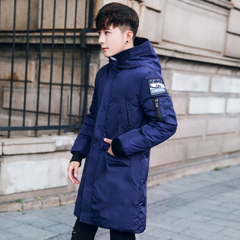 青年秋冬款连帽棉服韩版修身加长款印花羽绒棉衣户外潮男保暖外套