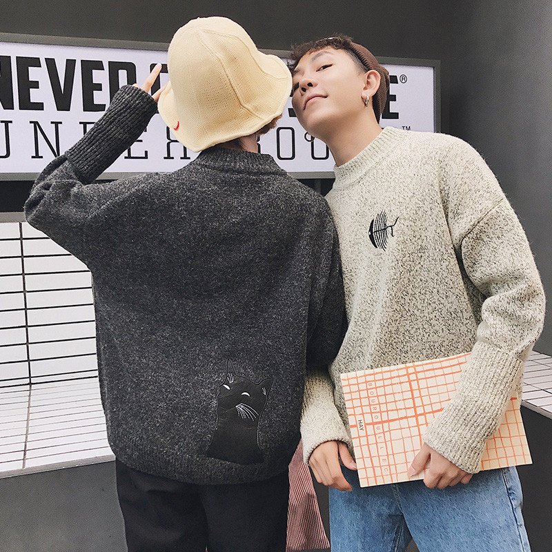 秋冬季刺绣半高领情侣毛衣男韩版青年针织衫宽松潮流加厚毛衣外套