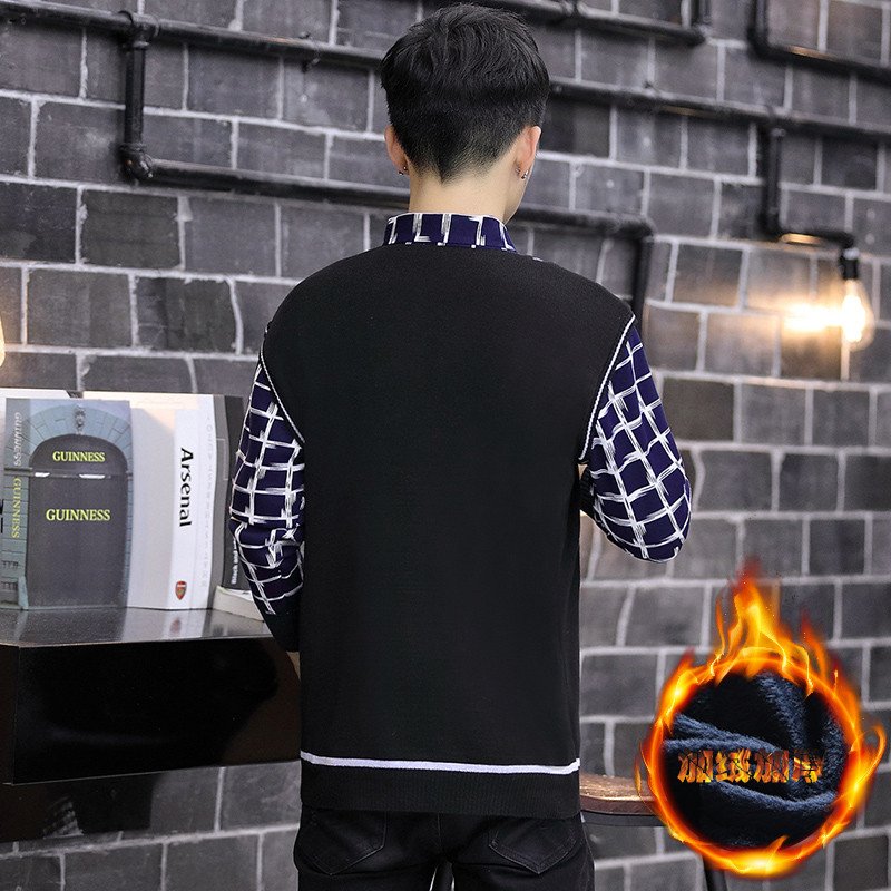 青少年加绒毛衣12大童13-14-15-16岁男孩中学生加厚假两件针织衫