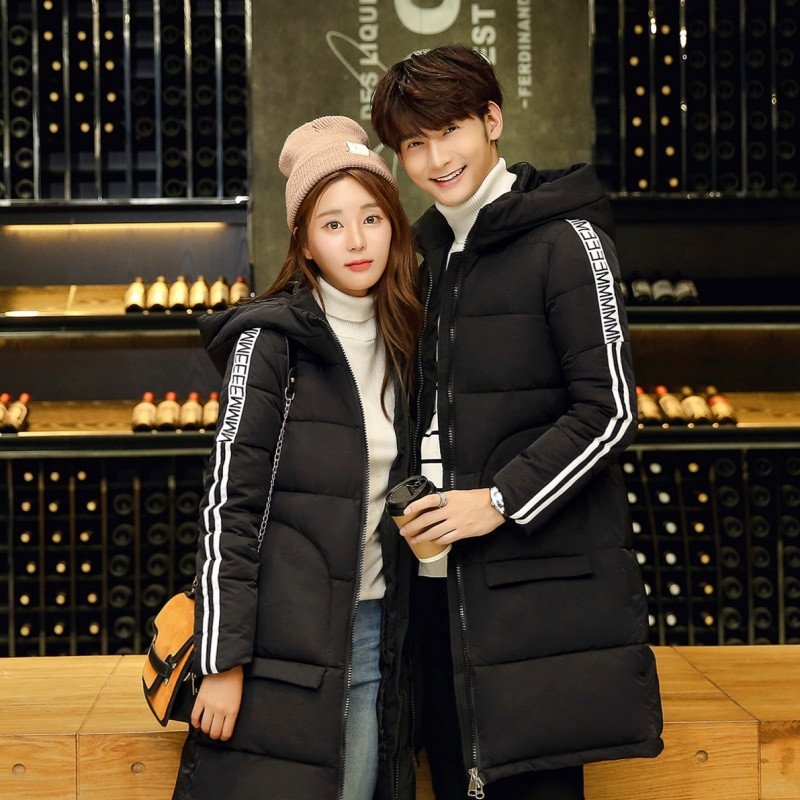 冬装情侣棉衣连帽字母中长款羽绒棉服