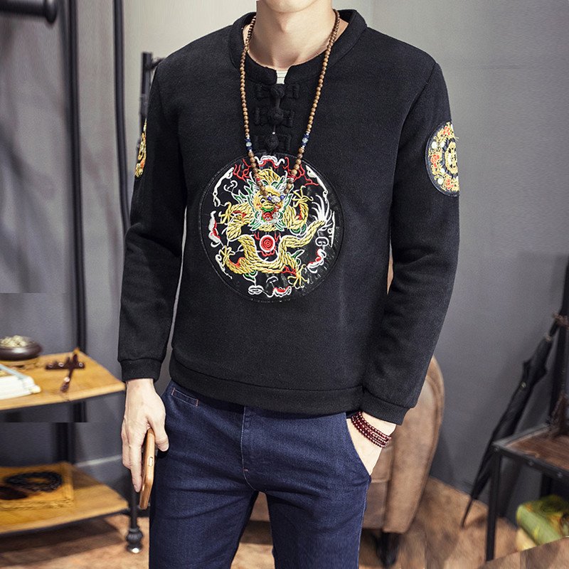 秋冬季青年中国风龙纹刺绣盘扣毛衣男士加肥加大码针织衫复古唐装