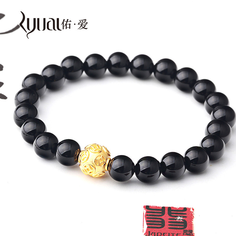 Ryual 黄金转运珠手链黄金3D硬金钱币转运珠足金999路路通手链8mm黑曜石串女士款送女友恋人计价款