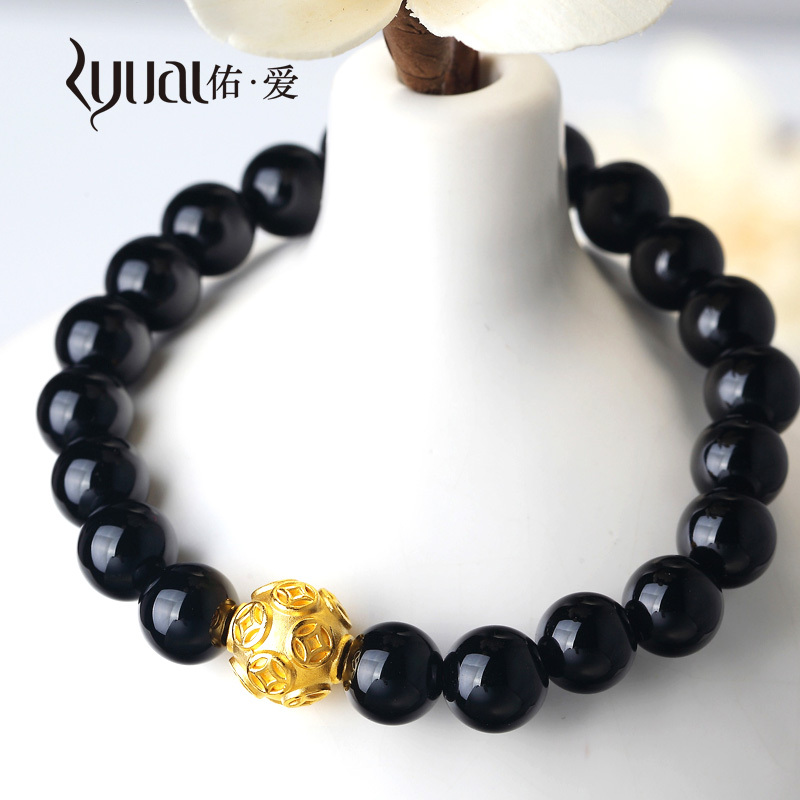 Ryual 黄金转运珠手链黄金3D硬金钱币转运珠足金999路路通手链8mm黑曜石串女士款送女友恋人计价款