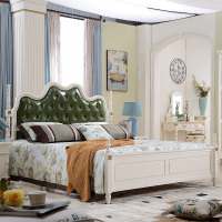凯莎豪庭 简约美式双人床 欧式白色实木柱油腊皮床1.8米卧室双人床