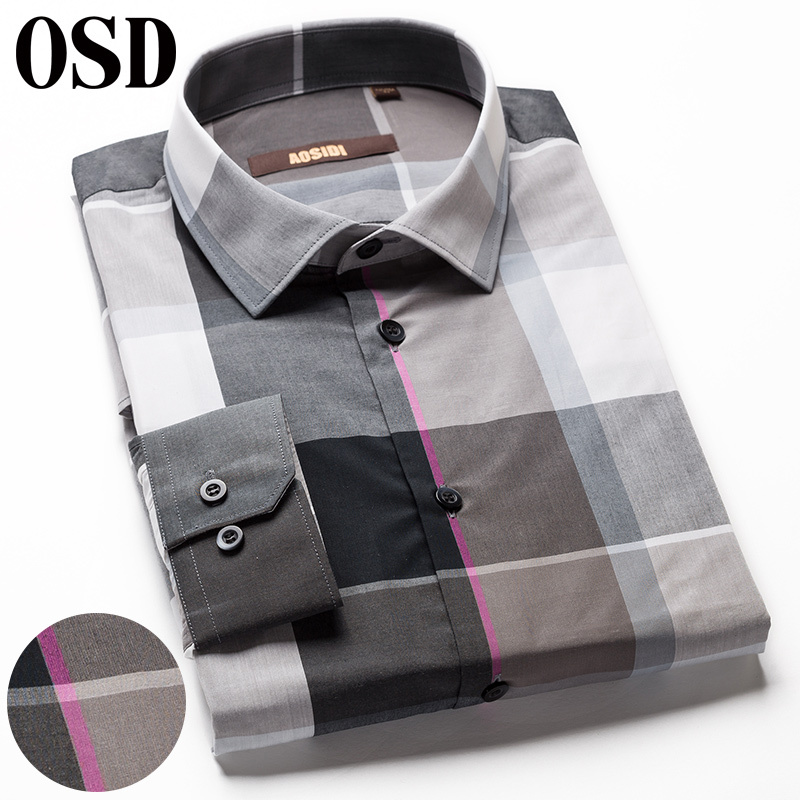 osd奥斯迪2018春季新男士格子衬衫长袖修身薄款商务休闲衬衣时尚男装