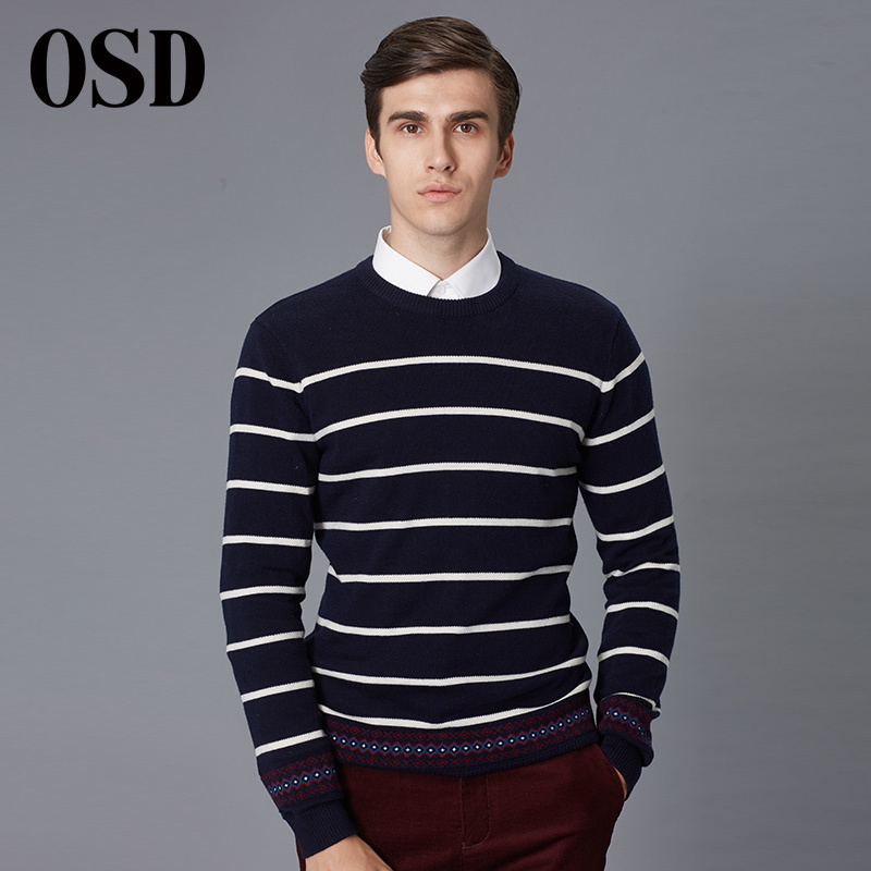 osd奥斯迪秋冬新款套头男士条纹纯羊毛毛衣圆领羊毛衫男装打底衫16q26