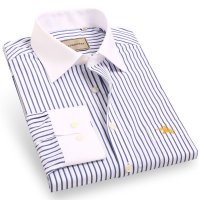 优鲨帛利春装新品男士商务香槟领条纹纯棉长袖衬衫10007