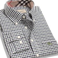 帛利优鲨春款新品男士撞色领休闲格子棉质长袖衬衣 10003