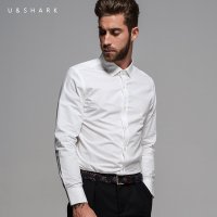 帛利优鲨春装新品男士商务精纺府绸长袖衬衫纯色