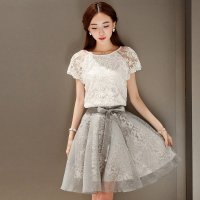 2016新款女装蕾丝连衣裙夏季中长款休闲两件套短袖白色裙子