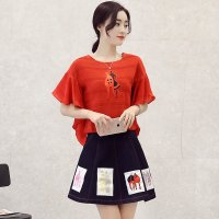 清爽2016夏季韩版名媛贴布喇叭袖雪纺衫+蓬蓬半身裙两件套