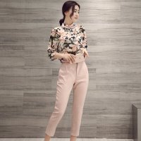 套装女2016春夏新款女装印花雪纺衫搭配九分裤气质名媛时尚套装