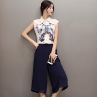 潮2016夏季新款韩版无袖印花雪纺上衣七分阔腿裤两件套
