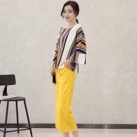 休闲套装女2016春季新款韩版女装宽松条纹上衣高腰阔腿裤两件套