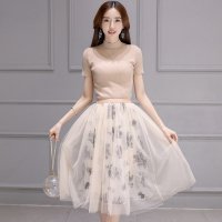 2016夏装女式新款纯色针织上衣欧根纱半身裙气质淑女两件套