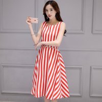 2016夏季新款韩版修身收腰时尚无袖条纹大摆型连衣裙