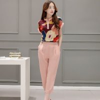 2016年春季韩版花色短袖圆领雪纺衫+纯色高腰七分裤两件套