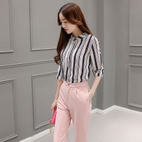 2016年春季韩版中袖黑白条纹衬衫+纯色九分裤休闲两件套