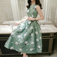 2016夏装新款女装韩版印花中长款无袖连衣裙大摆时尚A字裙