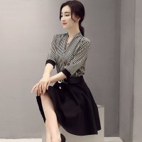 条纹连衣裙2016夏装新款中长款v领假两件套名媛裙子潮