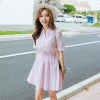 夏装新款女士泡泡纱条纹短袖连衣裙松紧收腰显瘦A字裙摆