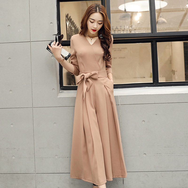 夏季款v领雪纺连体裤女士九分阔腿裙裤韩版修身显瘦大码高腰连衣裤裙